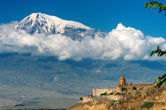 Khor Virap monastery with Mount Ararat rising behind it, Armenia