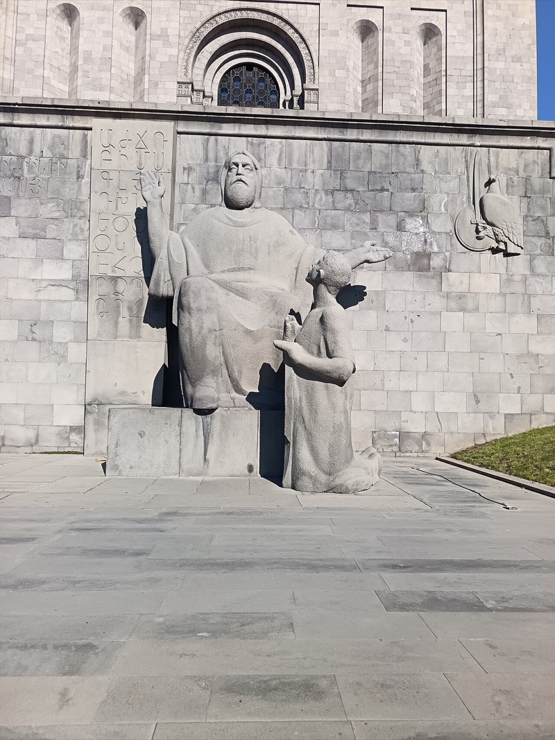 Statue of Mesrop Mashtots with his pupil Koryun and a tablet of Armenian letters, at the Matenadaran in Yerevan